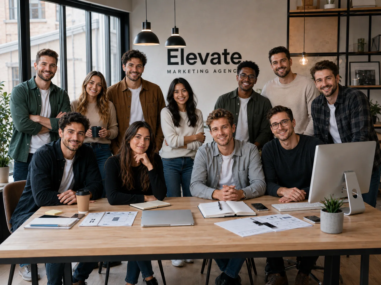 Equipe grande de uma agência estabelecida, com toda a equipe reunida